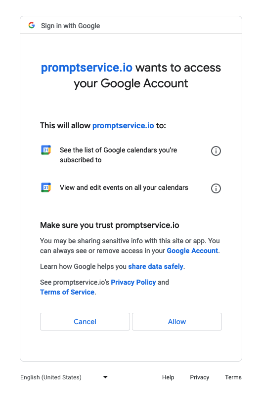 Google account access to calendar