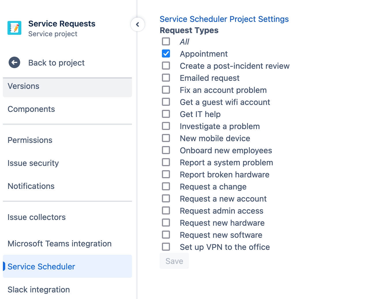 Project request types settings