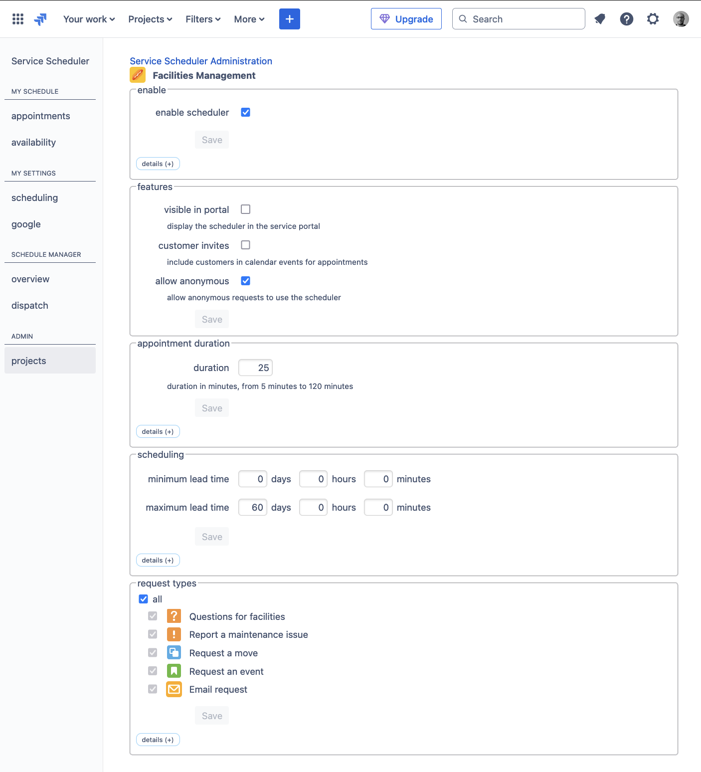 Service Scheduler settings