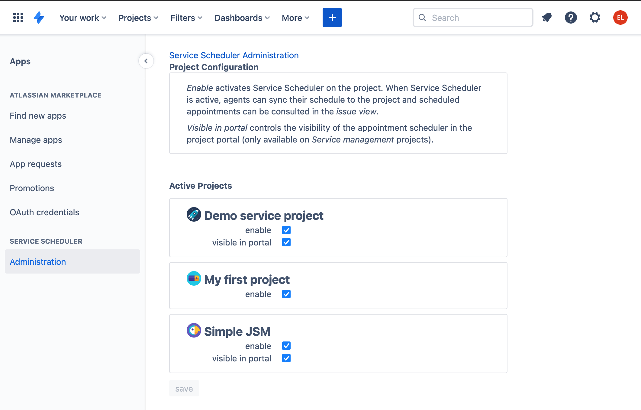 Service Scheduler project settings